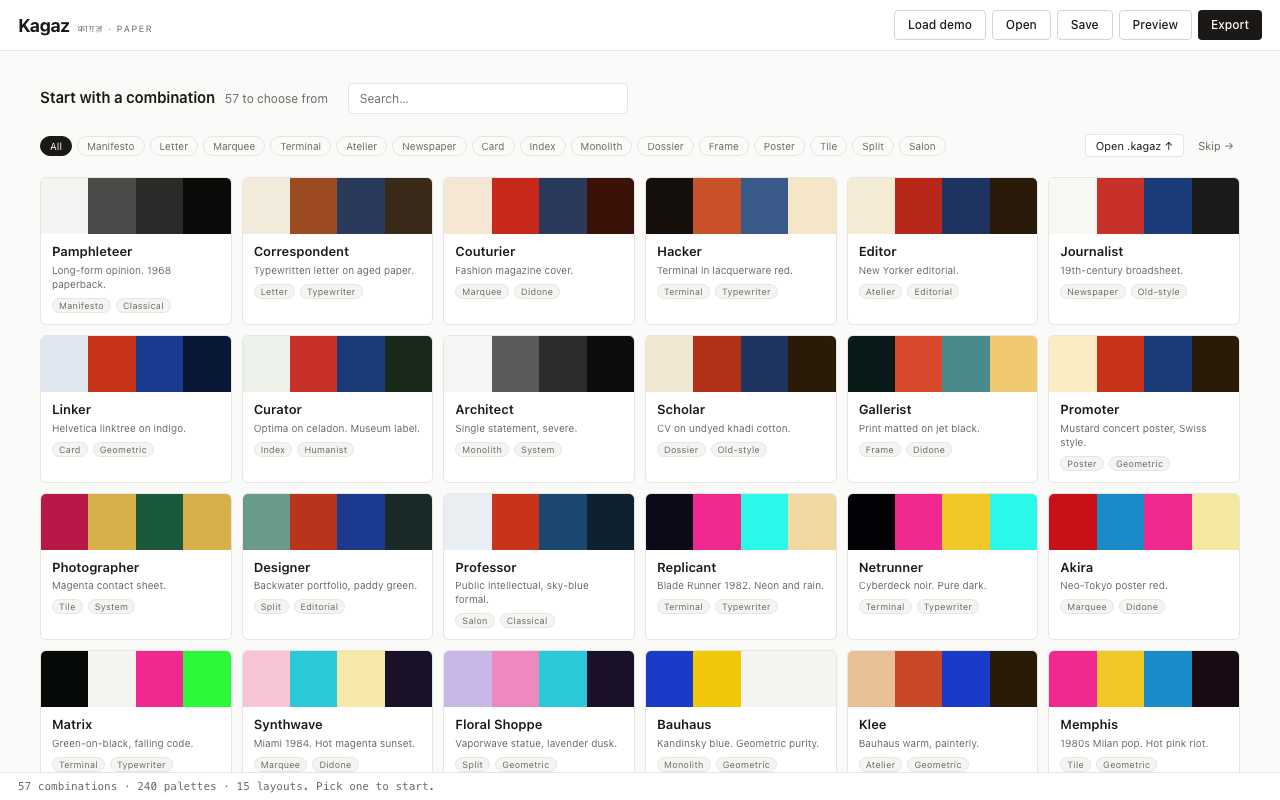 The Choose screen showing 57 combination cards in a grid