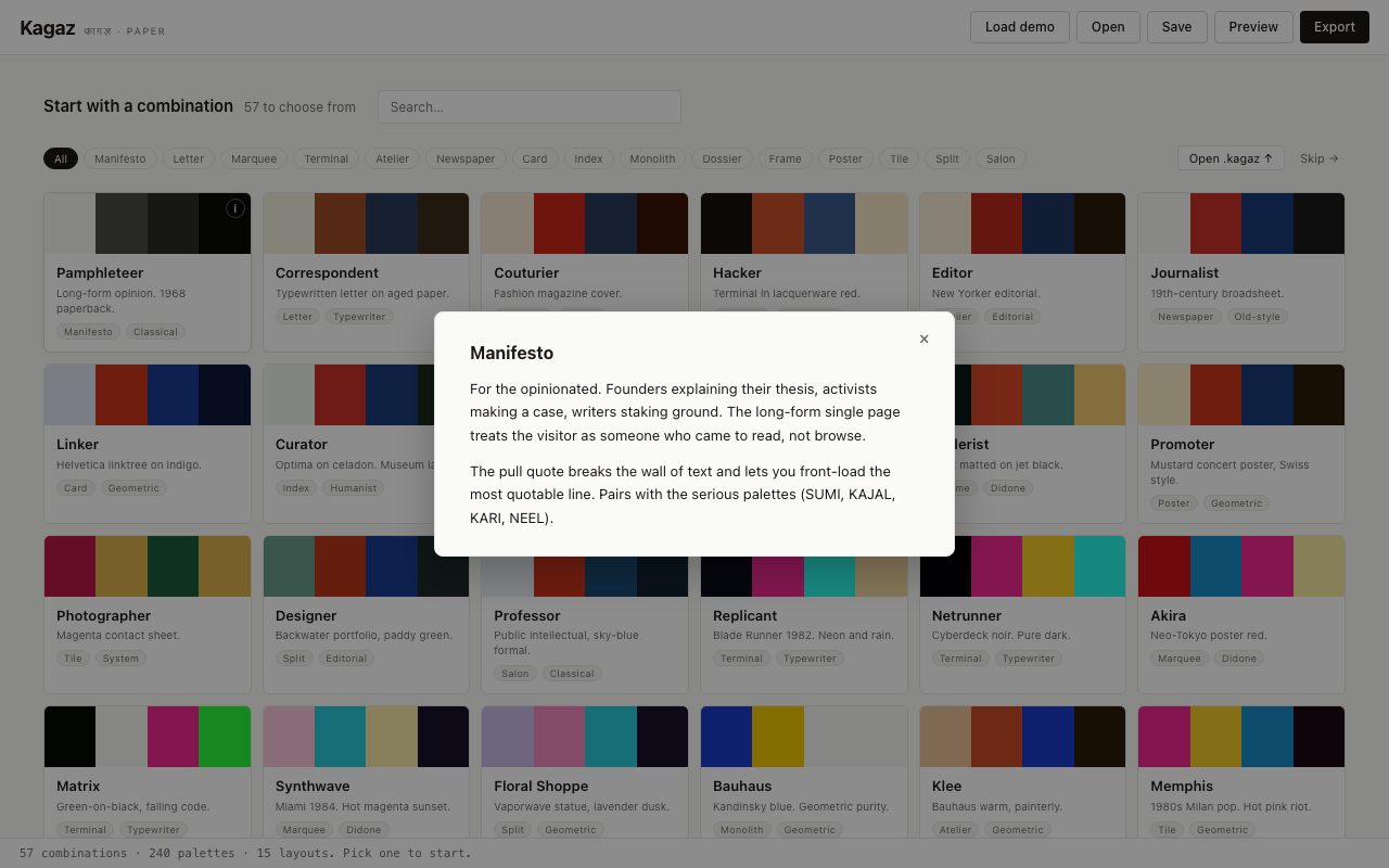 Layout story modal open over the choose screen