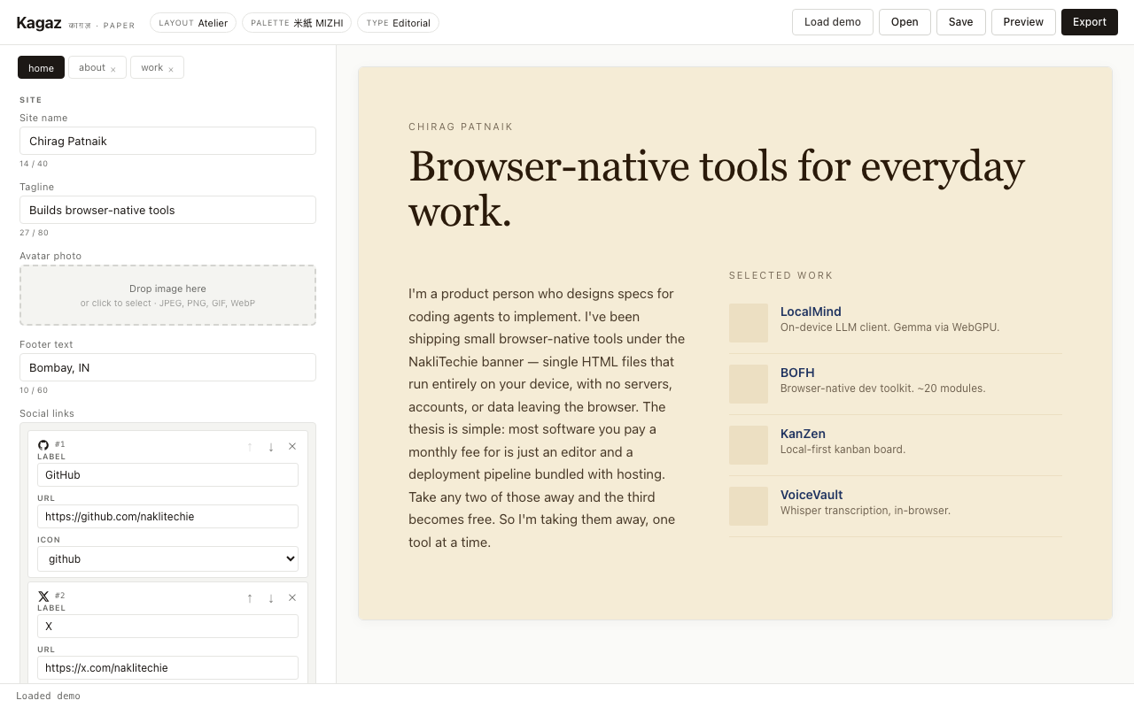 The Kagaz editor with demo content loaded, showing form and live preview side by side