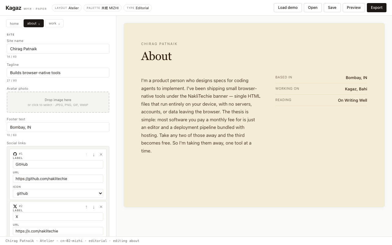 Editor with the About page tab active, showing about page content and preview
