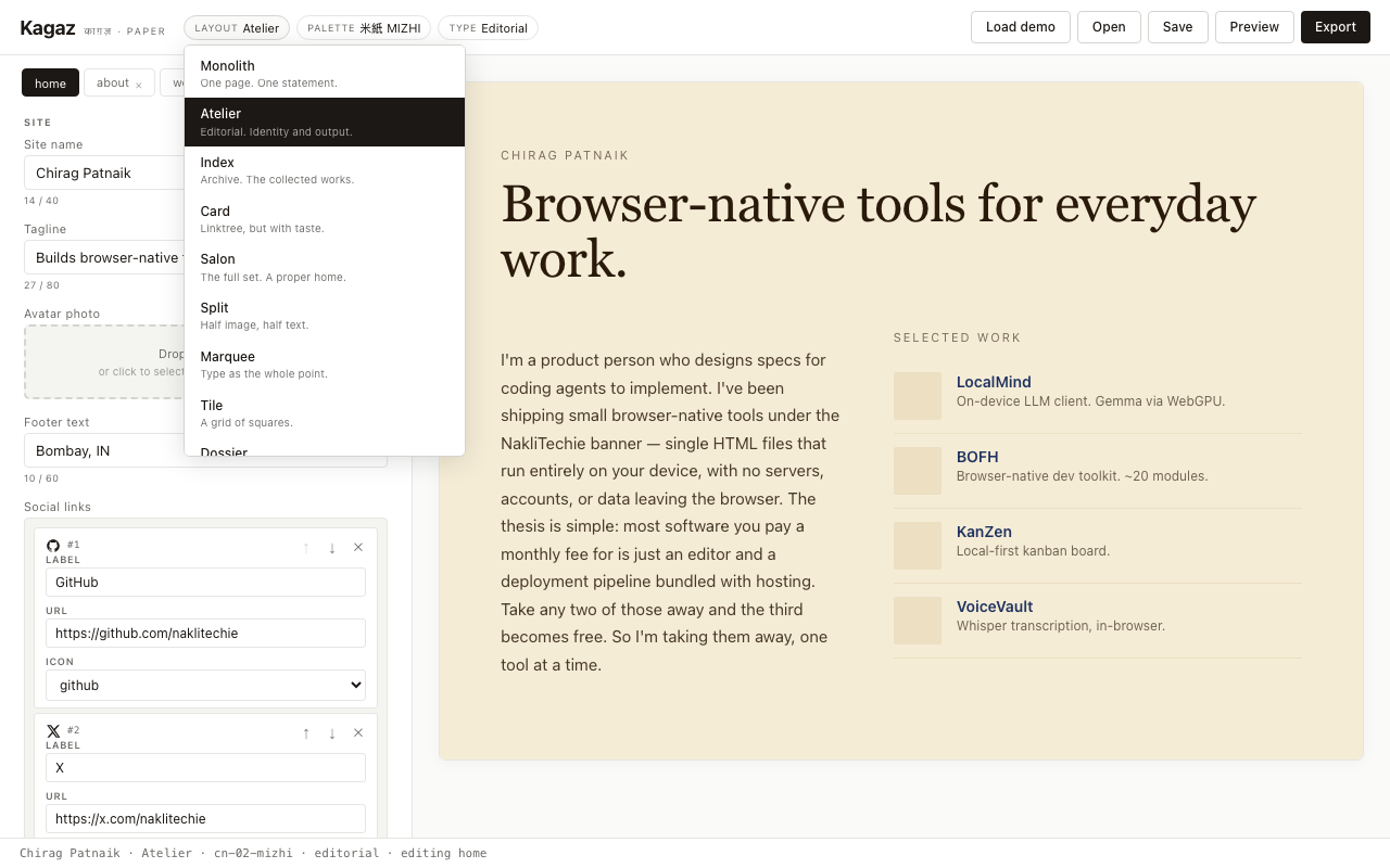 Layout picker open, showing 15 layout options