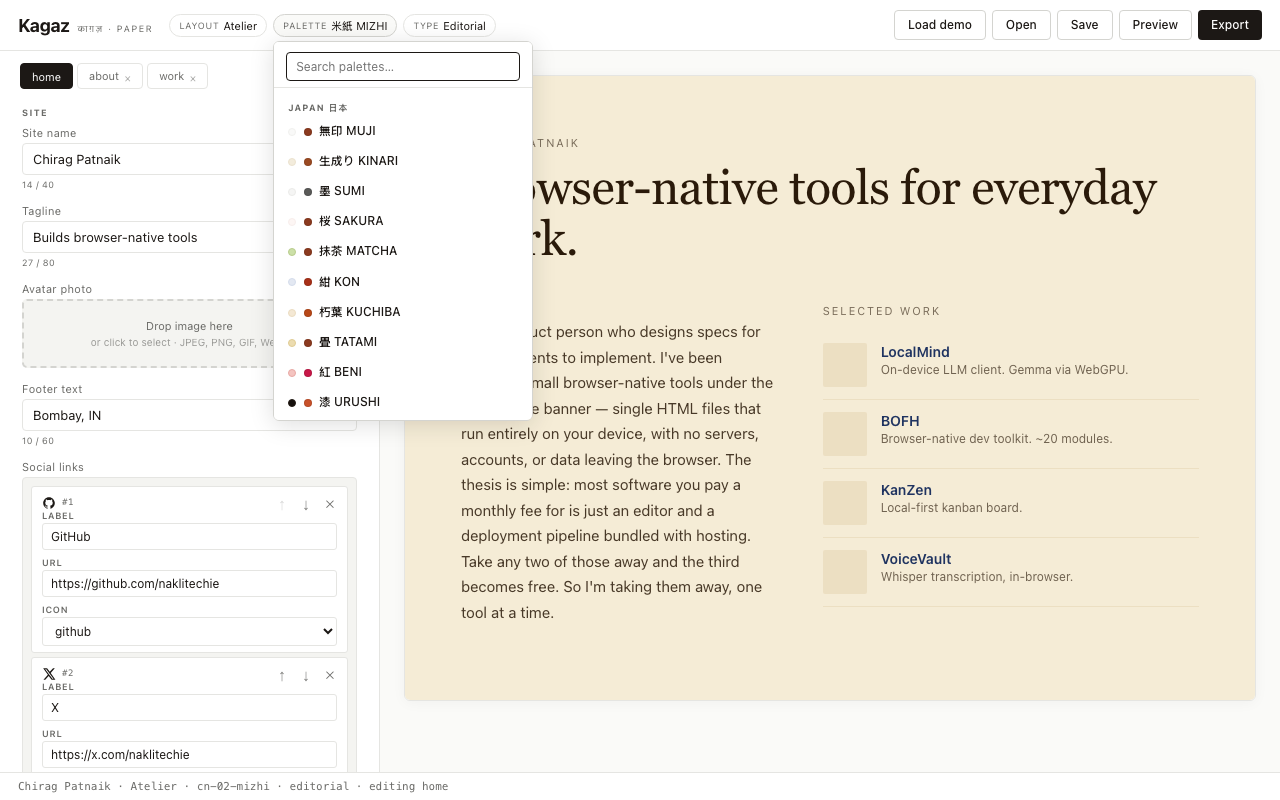 Palette picker open, showing culturally-named palettes grouped by family