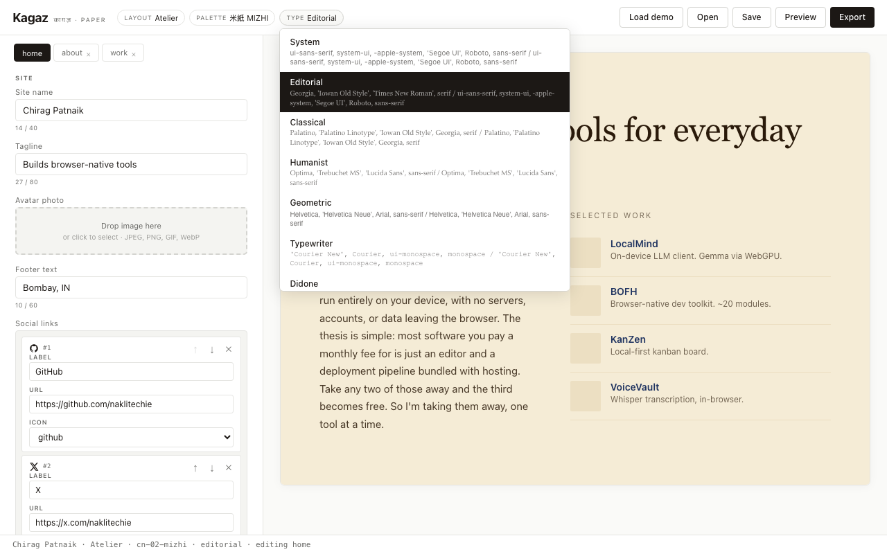 Typography picker open, showing 8 pairing options